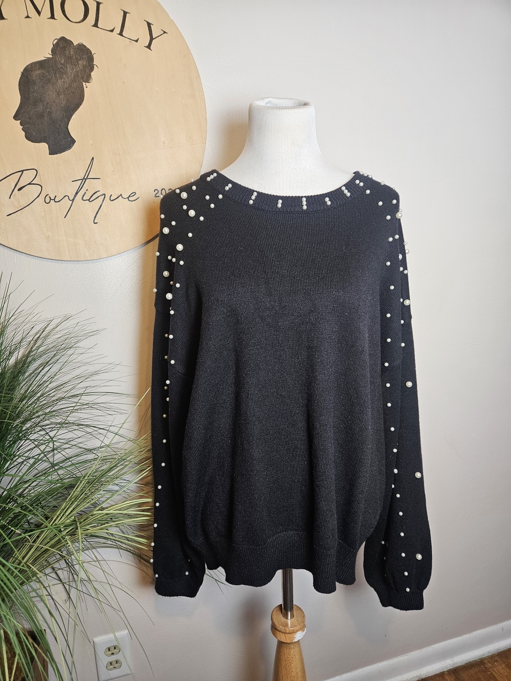 Pearl-Trim Black Crewneck Sweater